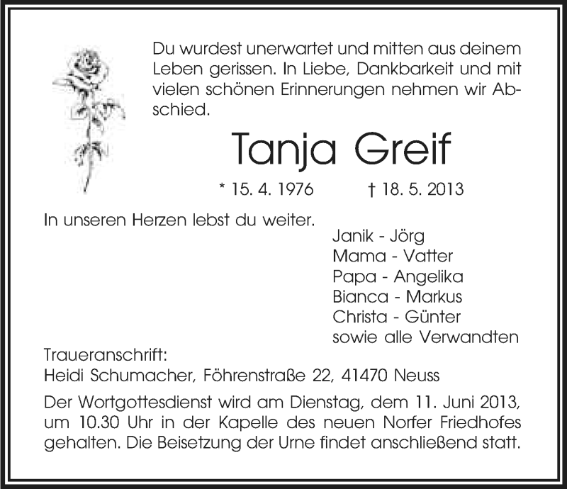  Traueranzeige für Tanja Greif vom 05.06.2013 aus Kölner Stadt-Anzeiger / Kölnische Rundschau / Express