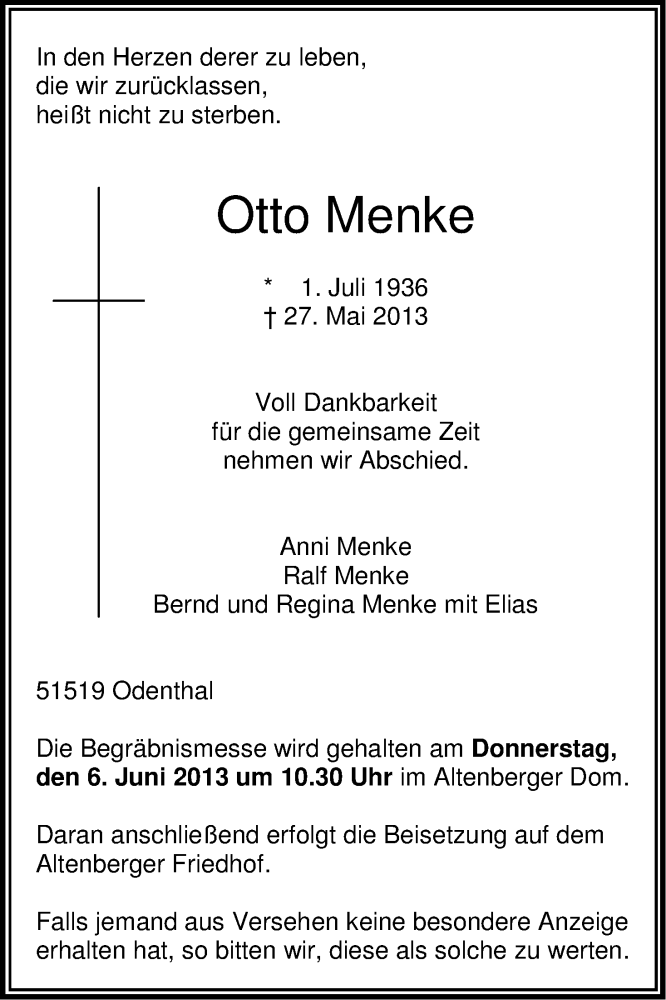  Traueranzeige für Otto Menke vom 01.06.2013 aus Kölner Stadt-Anzeiger / Kölnische Rundschau / Express
