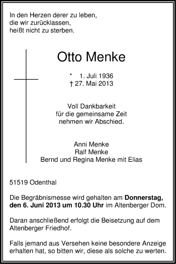 Anzeige von Otto Menke von Kölner Stadt-Anzeiger / Kölnische Rundschau / Express