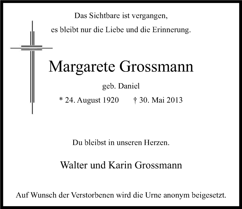  Traueranzeige für Margarete Grossmann vom 08.06.2013 aus Kölner Stadt-Anzeiger / Kölnische Rundschau / Express
