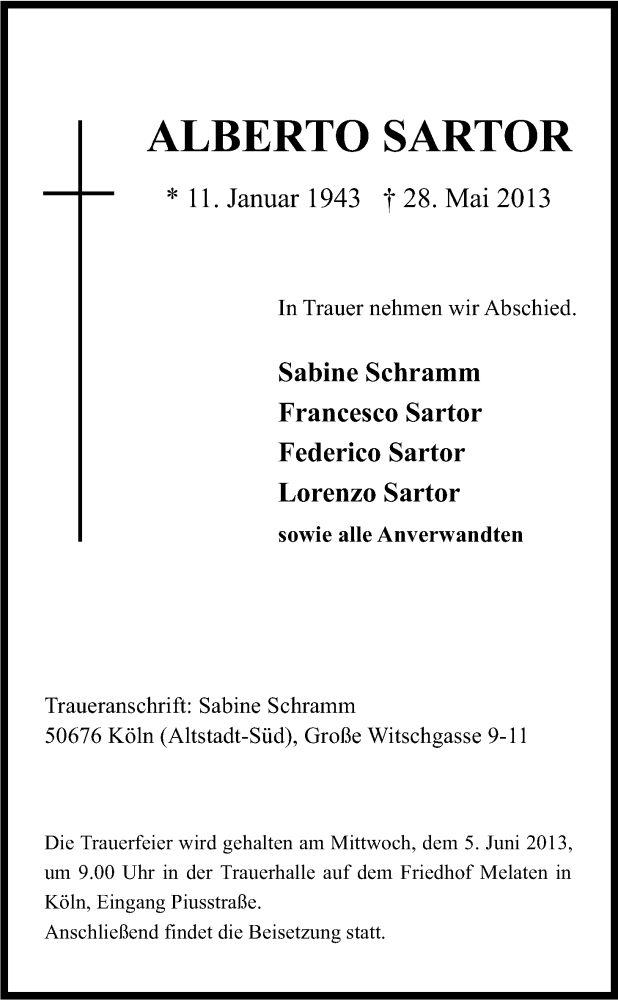  Traueranzeige für Alberto Sartor vom 01.06.2013 aus Kölner Stadt-Anzeiger / Kölnische Rundschau / Express