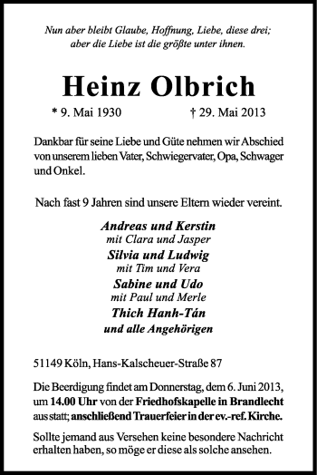 Anzeige von Heinz Olbrich von Kölner Stadt-Anzeiger / Kölnische Rundschau / Express