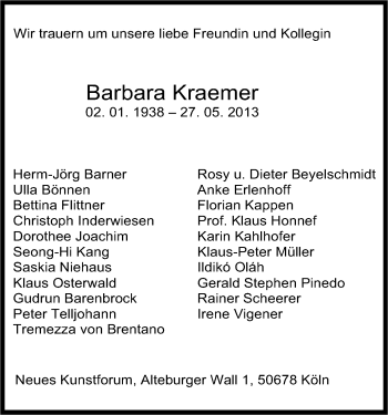 Anzeige von Barbara Kraemer von Kölner Stadt-Anzeiger / Kölnische Rundschau / Express