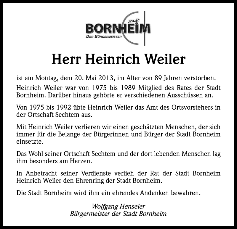  Traueranzeige für Heinrich Weiler vom 03.06.2013 aus Kölner Stadt-Anzeiger / Kölnische Rundschau / Express
