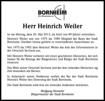 Anzeige von Heinrich Weiler von Kölner Stadt-Anzeiger / Kölnische Rundschau / Express