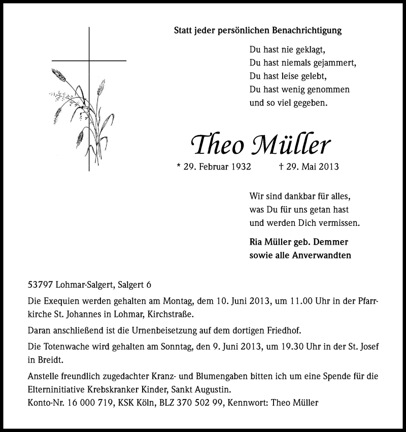  Traueranzeige für Theo Müller vom 05.06.2013 aus Kölner Stadt-Anzeiger / Kölnische Rundschau / Express
