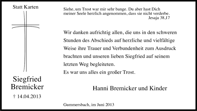  Traueranzeige für Siegfried Bremicker vom 01.06.2013 aus Kölner Stadt-Anzeiger / Kölnische Rundschau / Express