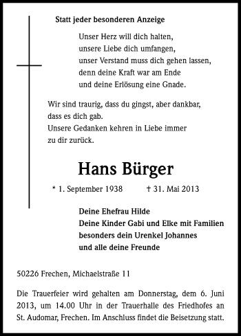 Anzeige von Hans Bürger von Kölner Stadt-Anzeiger / Kölnische Rundschau / Express