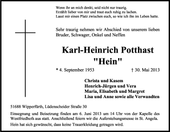 Anzeige von Karl-Heinrich Potthast von Kölner Stadt-Anzeiger / Kölnische Rundschau / Express