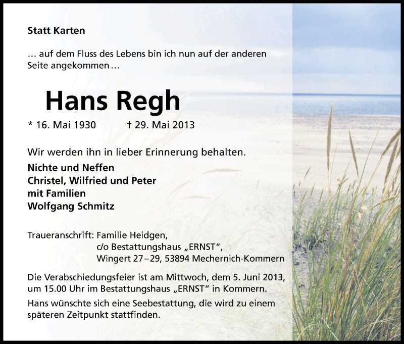  Traueranzeige für Hans Regh vom 01.06.2013 aus Kölner Stadt-Anzeiger / Kölnische Rundschau / Express