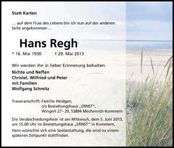 Anzeige von Hans Regh von Kölner Stadt-Anzeiger / Kölnische Rundschau / Express
