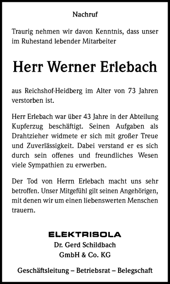 Anzeige von Werner Erlebach von Kölner Stadt-Anzeiger / Kölnische Rundschau / Express