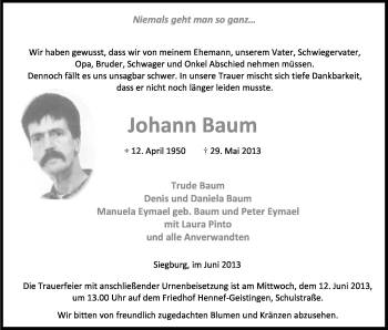 Anzeige von Johann Baum von Kölner Stadt-Anzeiger / Kölnische Rundschau / Express