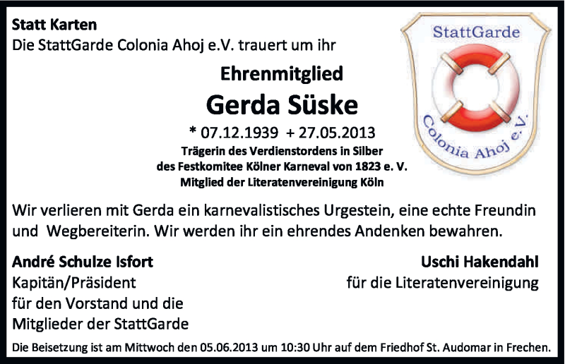  Traueranzeige für Gerda Süske vom 03.06.2013 aus Kölner Stadt-Anzeiger / Kölnische Rundschau / Express