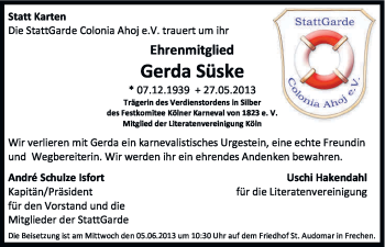 Anzeige von Gerda Süske von Kölner Stadt-Anzeiger / Kölnische Rundschau / Express