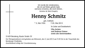 Anzeige von Henny Schmitz von Kölner Stadt-Anzeiger / Kölnische Rundschau / Express