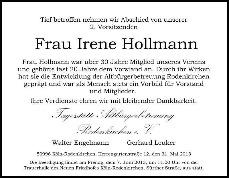  Traueranzeige für Irene Hollmann vom 05.06.2013 aus Kölner Stadt-Anzeiger / Kölnische Rundschau / Express