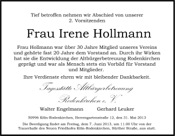 Anzeige von Irene Hollmann von Kölner Stadt-Anzeiger / Kölnische Rundschau / Express