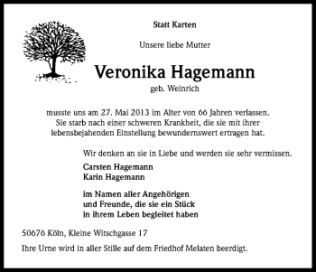 Anzeige von Veronika Hagemann von Kölner Stadt-Anzeiger / Kölnische Rundschau / Express