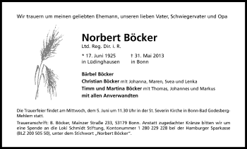 Anzeige von Norbert Böcker von Kölner Stadt-Anzeiger / Kölnische Rundschau / Express