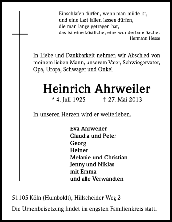 Anzeige von Heinrich Ahrweiler von Kölner Stadt-Anzeiger / Kölnische Rundschau / Express