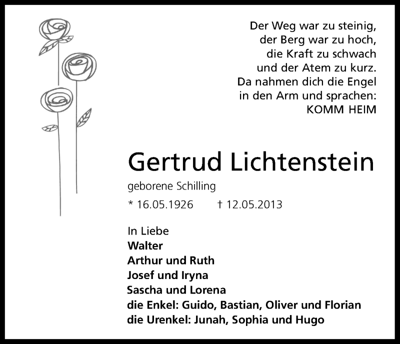  Traueranzeige für Gertrud Lichtenstein vom 05.06.2013 aus Kölner Stadt-Anzeiger / Kölnische Rundschau / Express