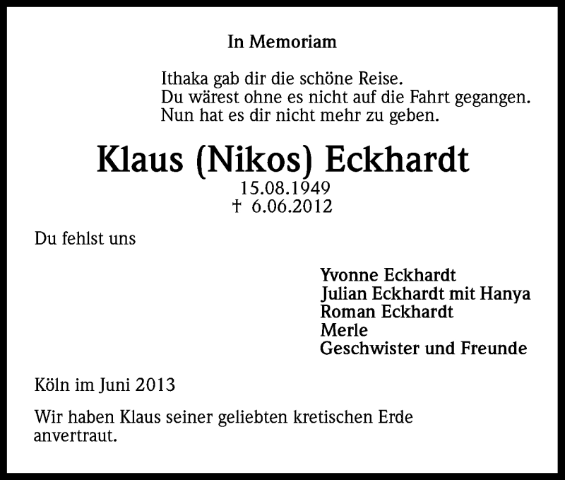  Traueranzeige für Klaus Eckhardt vom 08.06.2013 aus Kölner Stadt-Anzeiger / Kölnische Rundschau / Express