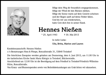 Anzeige von Hennes Nießen von Kölner Stadt-Anzeiger / Kölnische Rundschau / Express