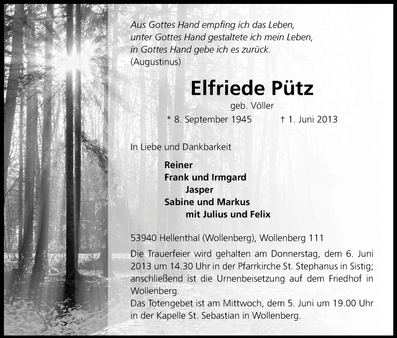  Traueranzeige für Elfriede Pütz vom 04.06.2013 aus Kölner Stadt-Anzeiger / Kölnische Rundschau / Express