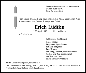 Anzeige von Erich Lüdtke von Kölner Stadt-Anzeiger / Kölnische Rundschau / Express