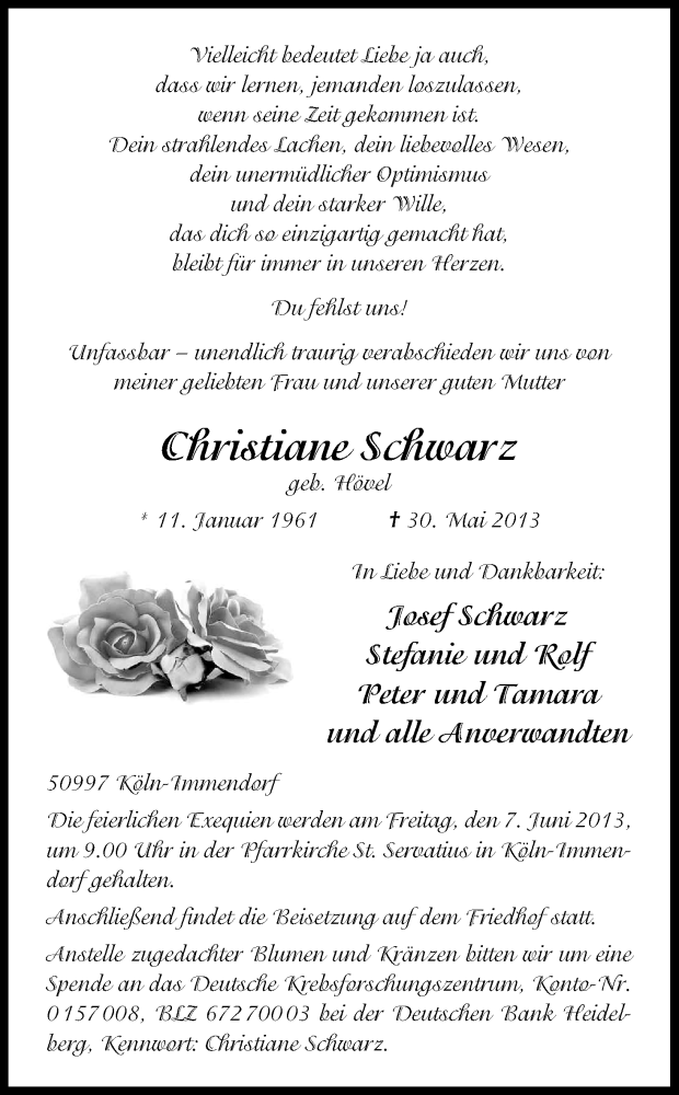  Traueranzeige für Christiane Schwarz vom 04.06.2013 aus Kölner Stadt-Anzeiger / Kölnische Rundschau / Express