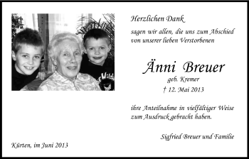 Anzeige von Änni Breuer von Kölner Stadt-Anzeiger / Kölnische Rundschau / Express