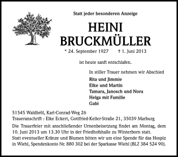 Anzeige von Heini Bruckmüller von Kölner Stadt-Anzeiger / Kölnische Rundschau / Express