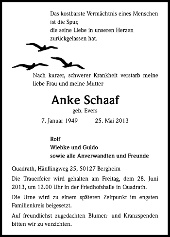 Anzeige von Anke Schaaf von Kölner Stadt-Anzeiger / Kölnische Rundschau / Express