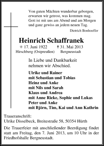 Anzeige von Heinrich Schaffranek von Kölner Stadt-Anzeiger / Kölnische Rundschau / Express