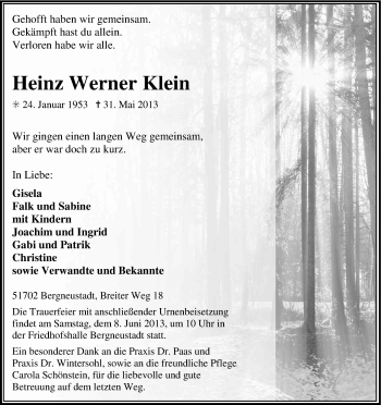 Anzeige von Heinz Werner Klein von Kölner Stadt-Anzeiger / Kölnische Rundschau / Express