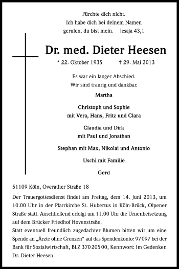 Anzeige von Dieter Heesen von Kölner Stadt-Anzeiger / Kölnische Rundschau / Express