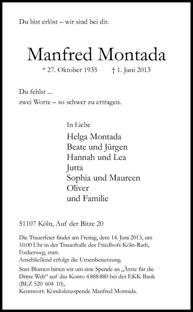  Traueranzeige für Manfred Montada vom 08.06.2013 aus Kölner Stadt-Anzeiger / Kölnische Rundschau / Express