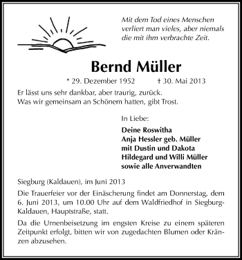 Anzeige von Bernd Müller von Kölner Stadt-Anzeiger / Kölnische Rundschau / Express