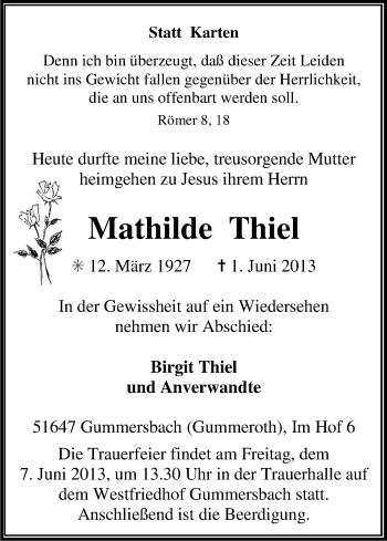 Anzeige von Mathilde Thiel von Kölner Stadt-Anzeiger / Kölnische Rundschau / Express