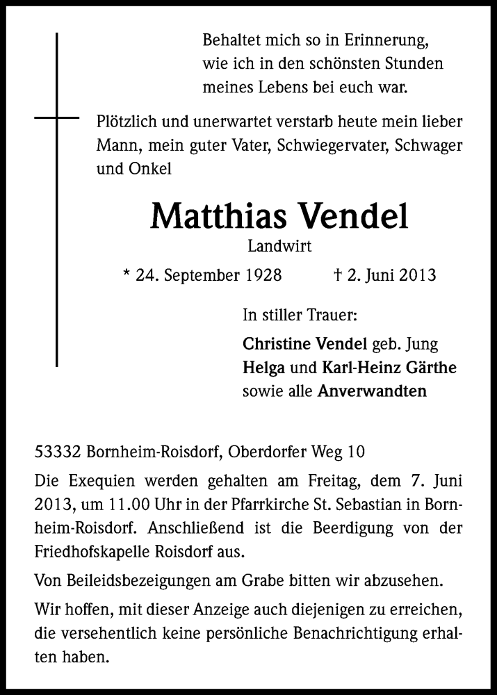  Traueranzeige für Matthias Vendel vom 04.06.2013 aus Kölner Stadt-Anzeiger / Kölnische Rundschau / Express