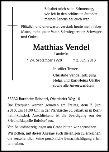 Anzeige von Matthias Vendel von Kölner Stadt-Anzeiger / Kölnische Rundschau / Express