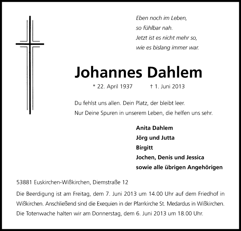  Traueranzeige für Johannes Dahlem vom 04.06.2013 aus Kölner Stadt-Anzeiger / Kölnische Rundschau / Express