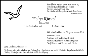 Anzeige von Helga Kinzel von Kölner Stadt-Anzeiger / Kölnische Rundschau / Express