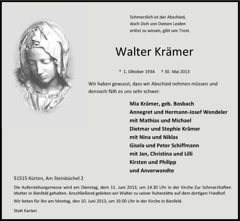  Traueranzeige für Walter Krämer vom 08.06.2013 aus Kölner Stadt-Anzeiger / Kölnische Rundschau / Express