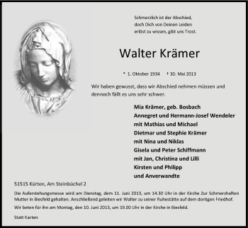 Anzeige von Walter Krämer von Kölner Stadt-Anzeiger / Kölnische Rundschau / Express