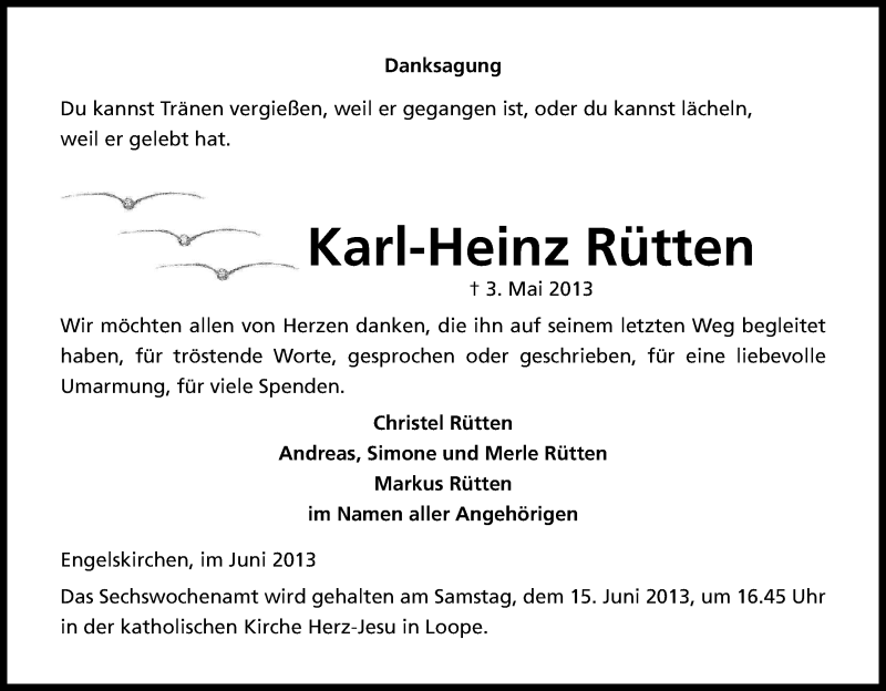  Traueranzeige für Karl-Heinz Rütten vom 08.06.2013 aus Kölner Stadt-Anzeiger / Kölnische Rundschau / Express