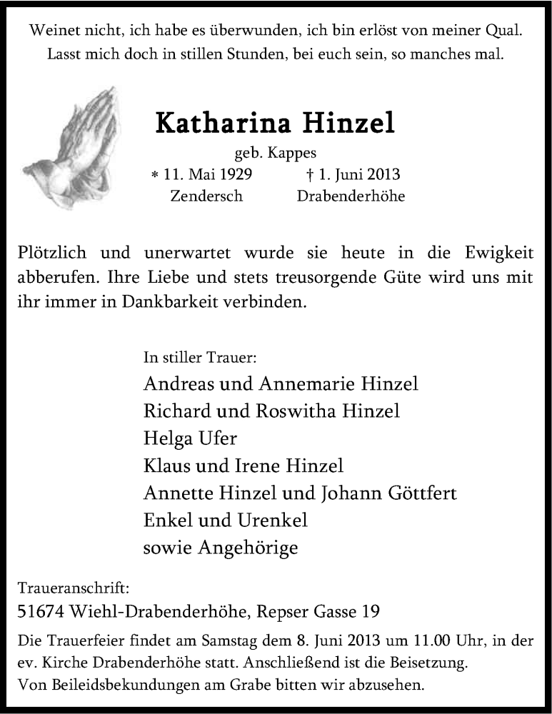  Traueranzeige für Katharina Hinzel vom 05.06.2013 aus Kölner Stadt-Anzeiger / Kölnische Rundschau / Express