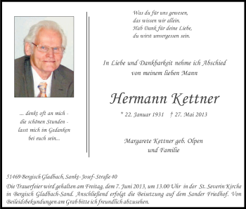 Anzeige von Hermann Kettner von Kölner Stadt-Anzeiger / Kölnische Rundschau / Express