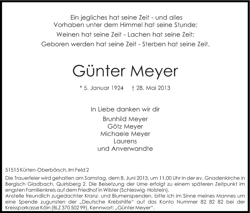  Traueranzeige für Günter Meyer vom 05.06.2013 aus Kölner Stadt-Anzeiger / Kölnische Rundschau / Express